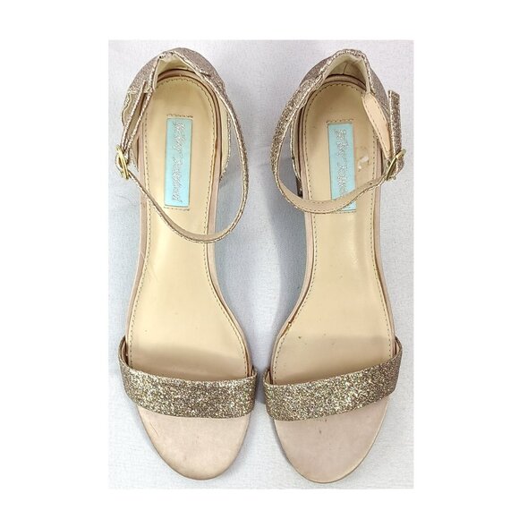 Betsey Jonson Gold Open Toe Block Heel Ankle Strap Low Mid Heels Miri Shoes GUC - Picture 6 of 9